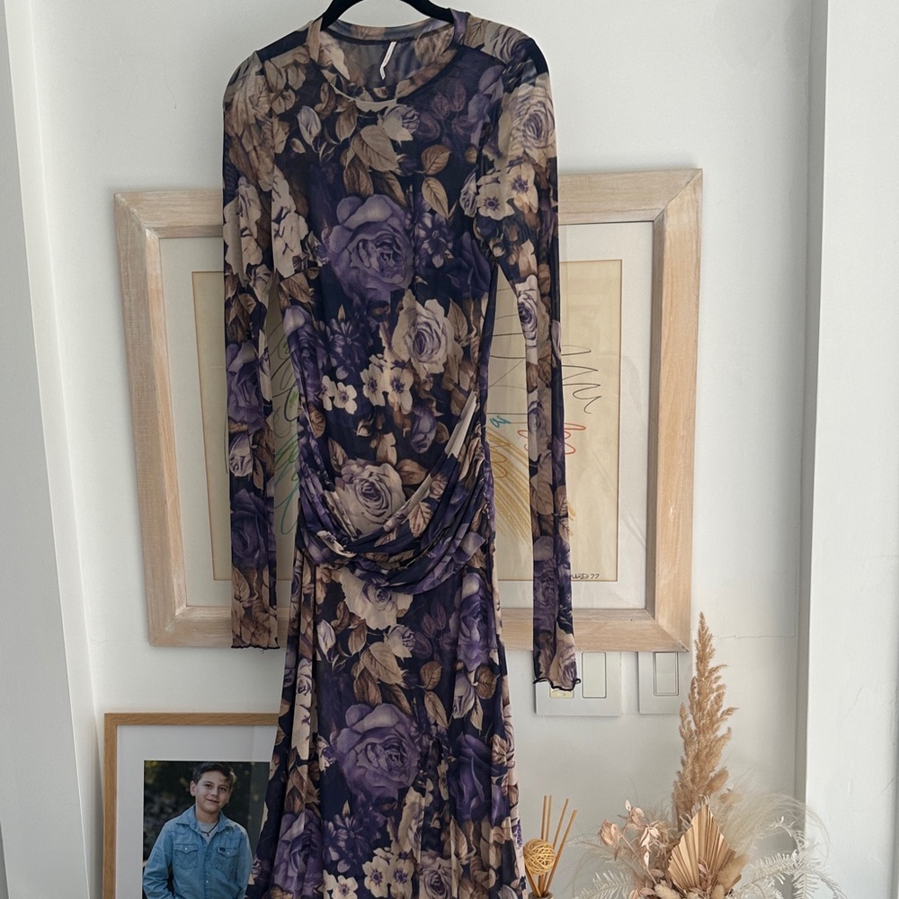 Free People Gianni Purple and Brown Floral Long Sleeve Dress